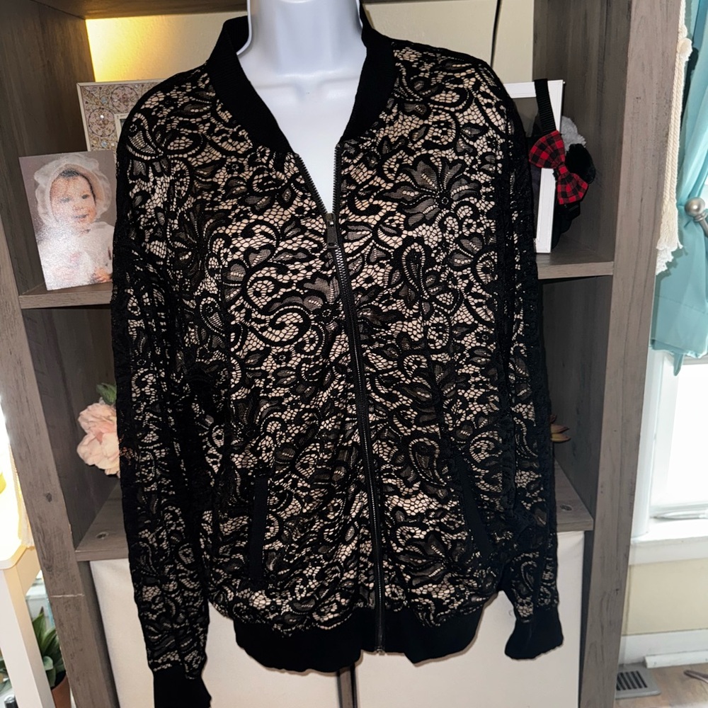 Express Black Lace Bomber Jacket - image 1